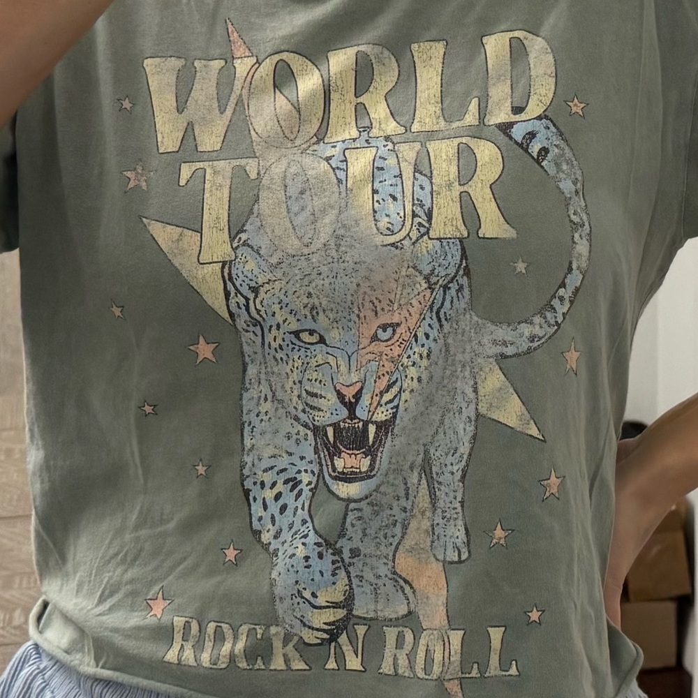 Vintage Worn Look World Tour Graphic Tee - Muted Light Green Tshirt - Picture 3 of 16